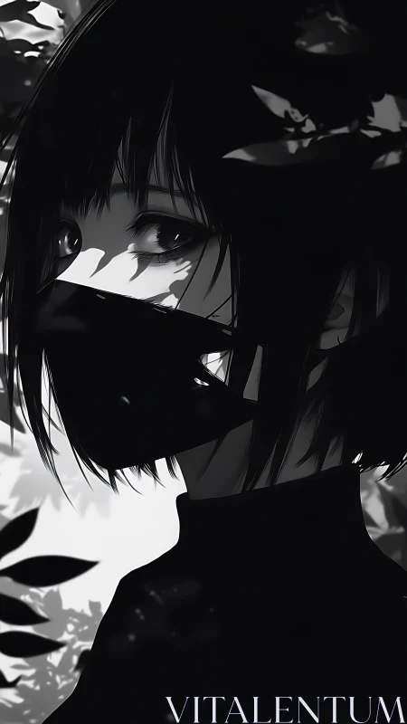 Masked monochrome heroine framed by dappled foliage light.