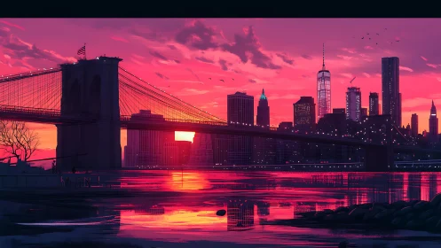 Sunset-drenched city skyline glows beside a quiet bridge