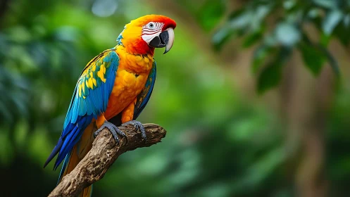 Vibrant Macaw Parrot on Branch in Lush Green Jungle Setting.