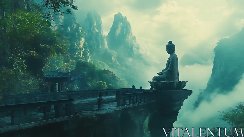 Buddha statue sits on stone platform in misty mountain gorge