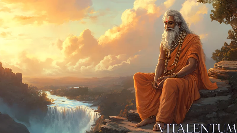 Elderly robed figure seated on cliff above wide waterfall.