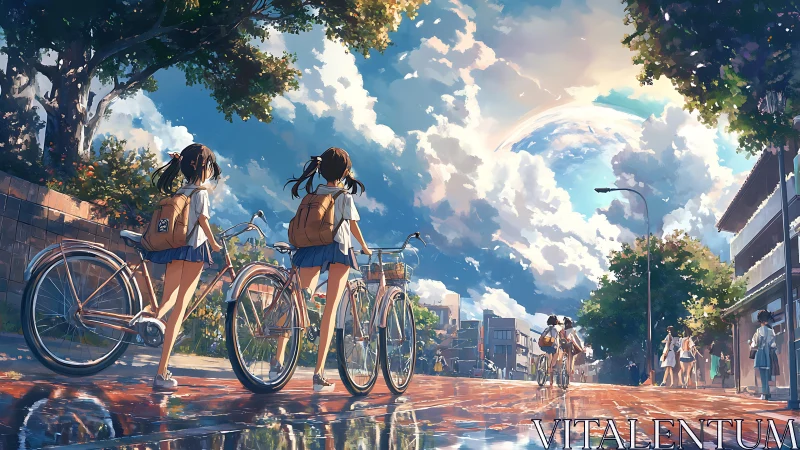 Summer schoolgirls walk their bikes under a fantastical sky.