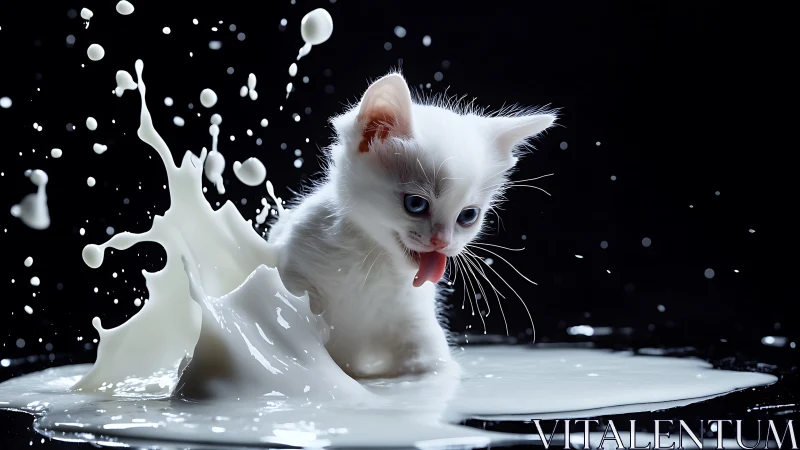 White Kitten's Playful Milk Splash Adventure.