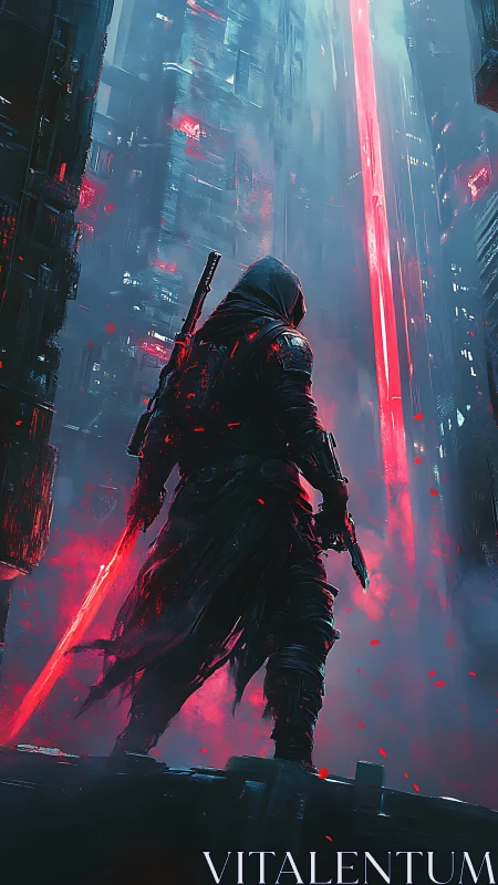 Hooded neon ronin stalking scarlet light canyons at dusk.