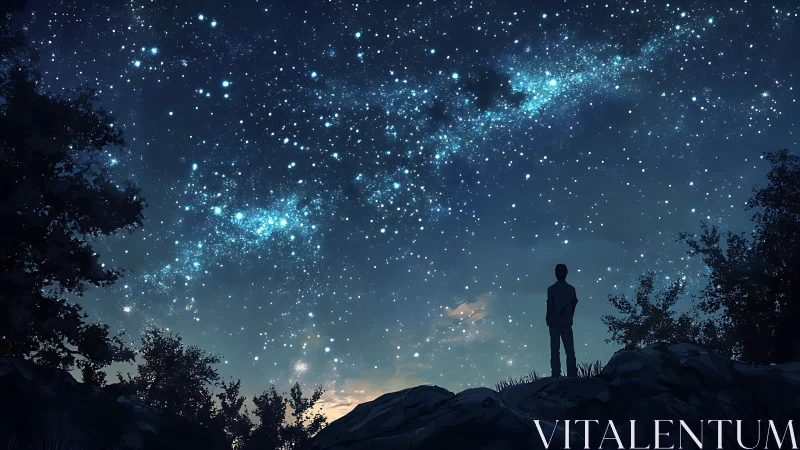 Silhouetted observer beneath dense stellar canopy at night.