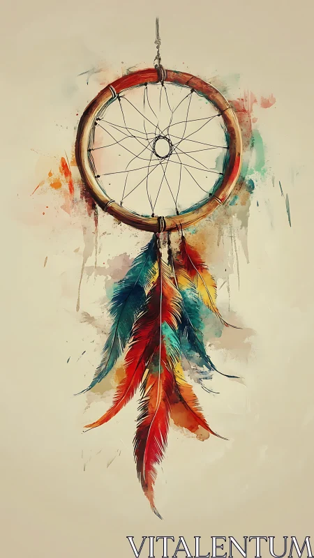 Colorful dreamcatcher art glows softly with flowing feathers