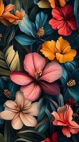 Vibrant botanical composition with stylized flora and teal foliage against dark background.