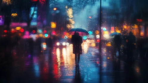 Solitary figure walks through neon city rain at night.