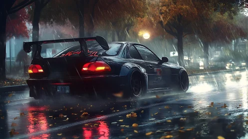 Night drive through autumn rain with a tuned street racer.