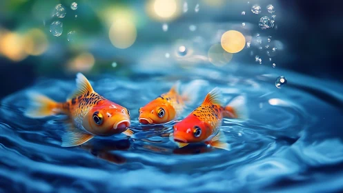 Trio of luminous koi glide through rippled sapphire water.