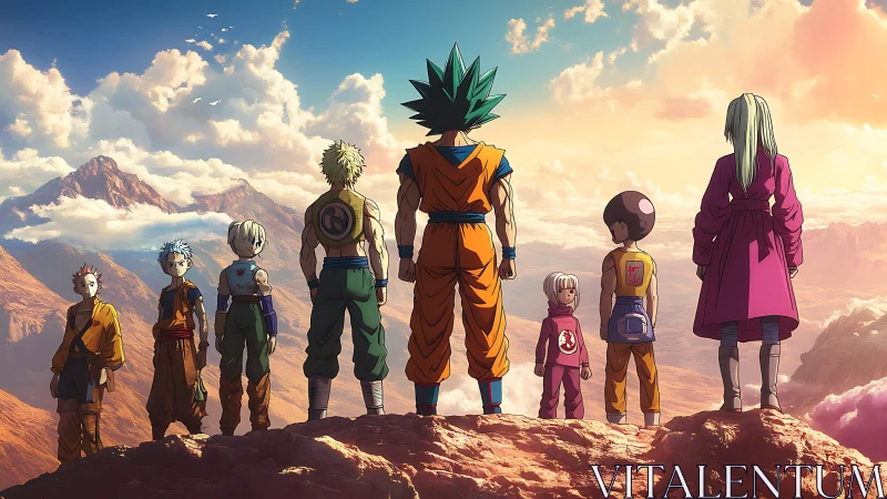 Anime heroes assemble against panoramic celestial mountain vista