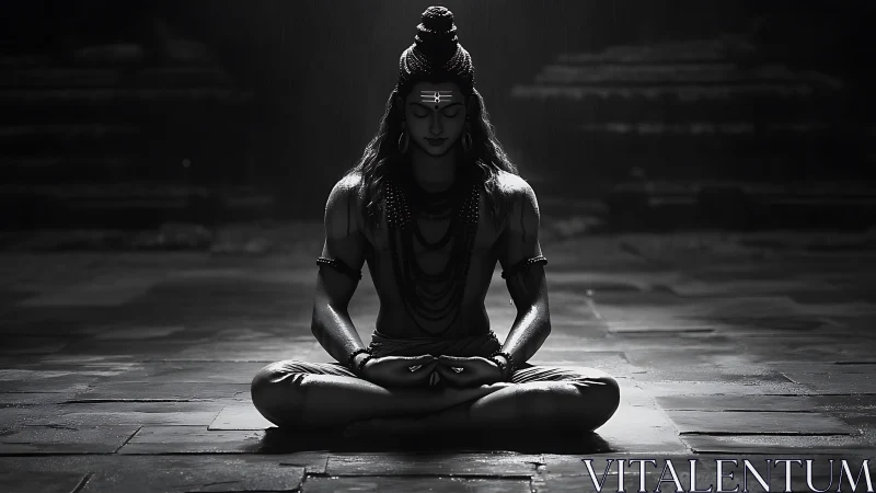 Monochrome meditative deity rendered in chiaroscuro focus.