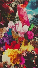 Floral storm collage where wild petals collide with surf.