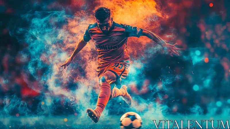 Dynamic football striker framed by dual-tone incendiary smoke