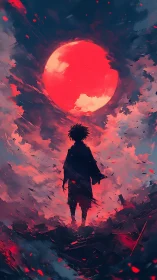 Silhouetted figure under ominous red moon in burning sky.