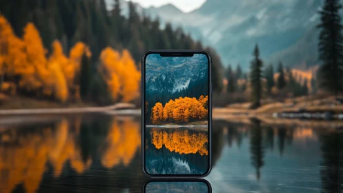 Photorealistic smartphone framing reflective autumn lake scene.