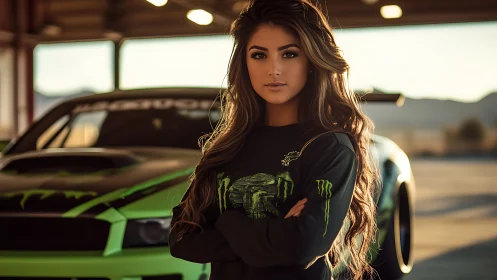 Motorsport model in golden hour light with neon drift car.