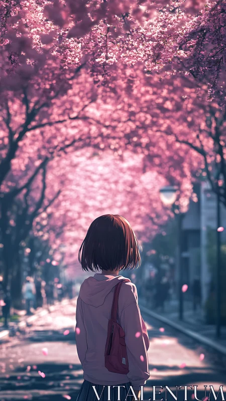 Girl beneath a cherry blossom tunnel wandering through spring.