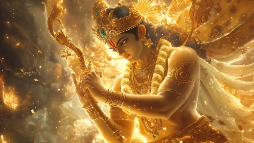 Golden-hued divine archer in ornate ceremonial regalia.