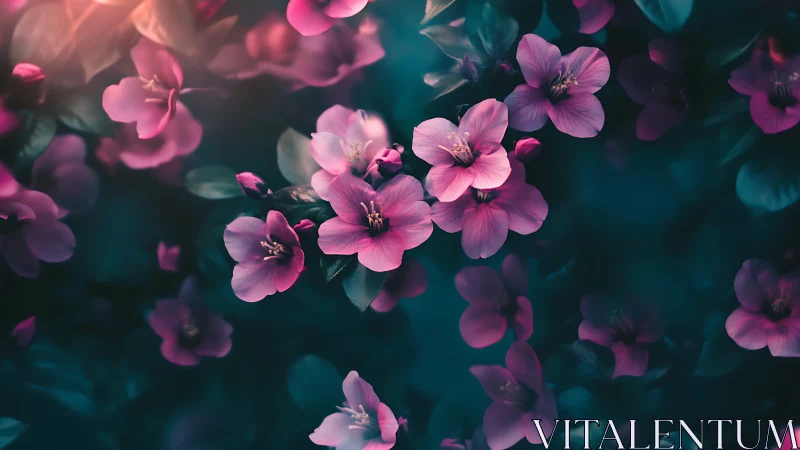 Pink Flowers Against Teal Darkness.