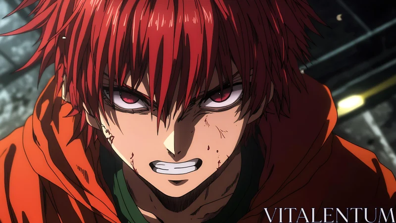 Intense red haired anime fighter with bruised determined glare