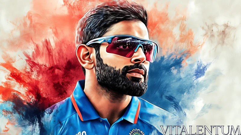 Dynamic cricket portrait amid bold tricolor paint swirls.