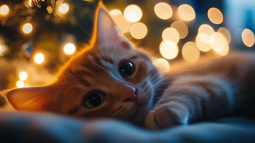 Curious Cat Among Golden Bokeh Lights.