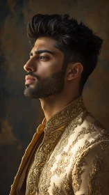 Regal portrait highlights ornate golden embroidered sherwani.