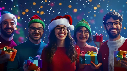 Group portrait with holiday hats holding wrapped gift boxes.