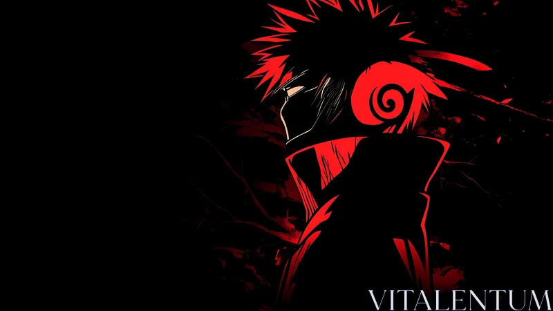 Red and black stylized profile of cloaked spiky-haired figure.