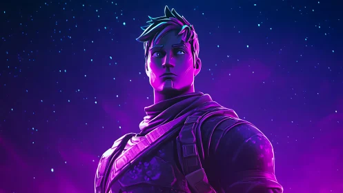 Neon space hero standing bold beneath a glowing galaxy.