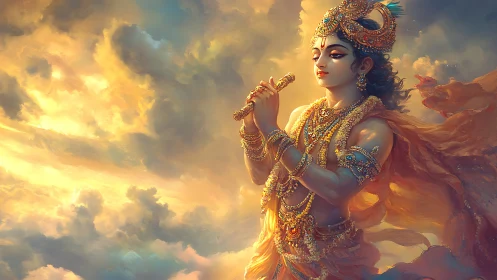 Radiant flute player in golden clouds and flowing light.