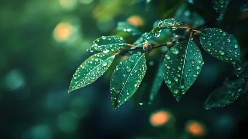 Morning raindrops rest gently on deep green garden leaves