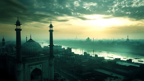 Riverside cityscape with mosque silhouettes at sunrise.