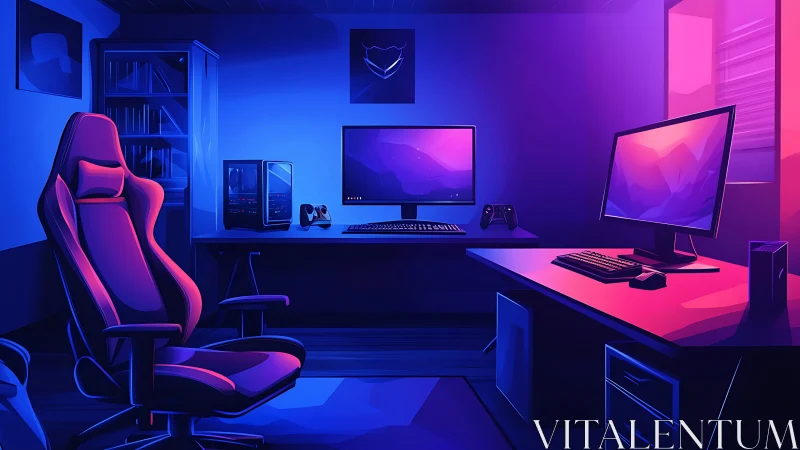 Neon-lit gaming sanctuary with dual screens and bold glow.