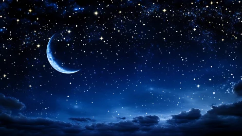 Gentle crescent moon glowing over a peaceful starlit sky.