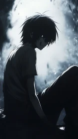 Brooding silhouette of wounded youth in monochrome backlight.