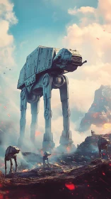 Towering sci fi walkers stride calmly through a smoky battlefield