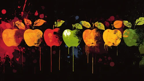 Color-splashed apples drip across bold black canvas.