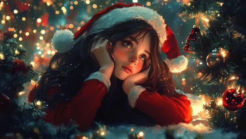 Melancholic girl in Santa attire rendered in luminous digital art