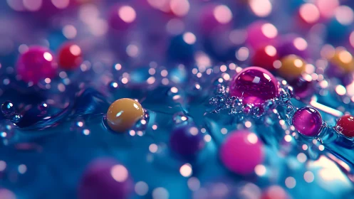 Vibrant Abstract Macro of Colorful Spheres on Glossy Blue Surface.