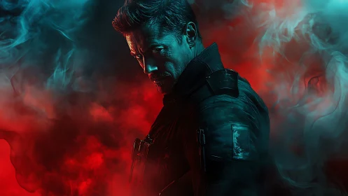 Cyber-noir soldier in red teal smoke with dramatic rim lighting