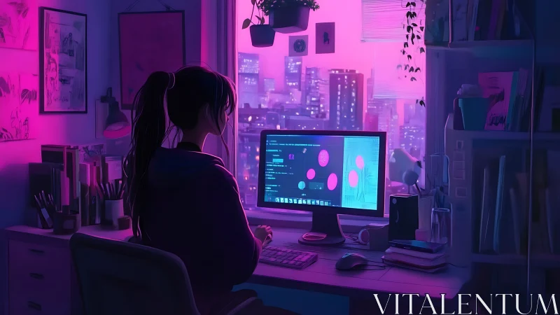 Night coder in neon-lit home studio overlooking cyber city