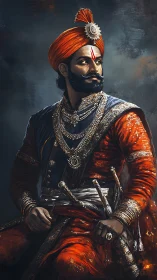 Regal Maratha warrior in jeweled armor, high-fidelity digital study.