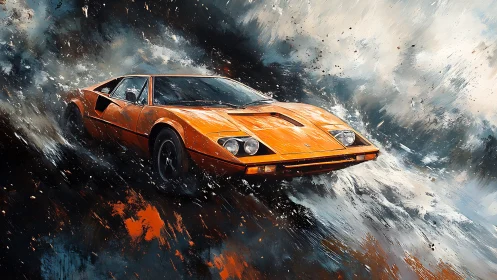 Retro supercar slashes through a roaring storm of paint
