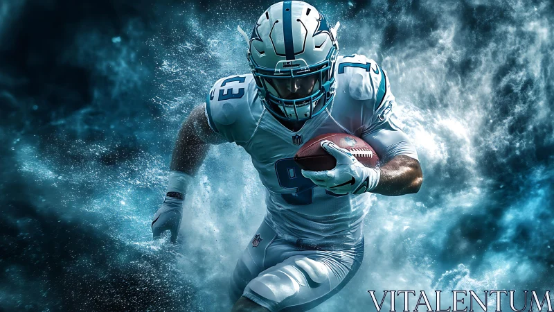 Storm-charged football titan sprinting through electric mist.