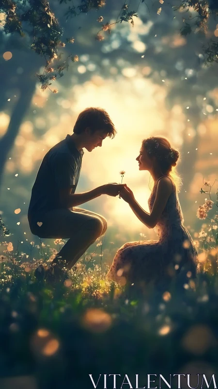 Man kneeling offering flower to young girl in bokeh field