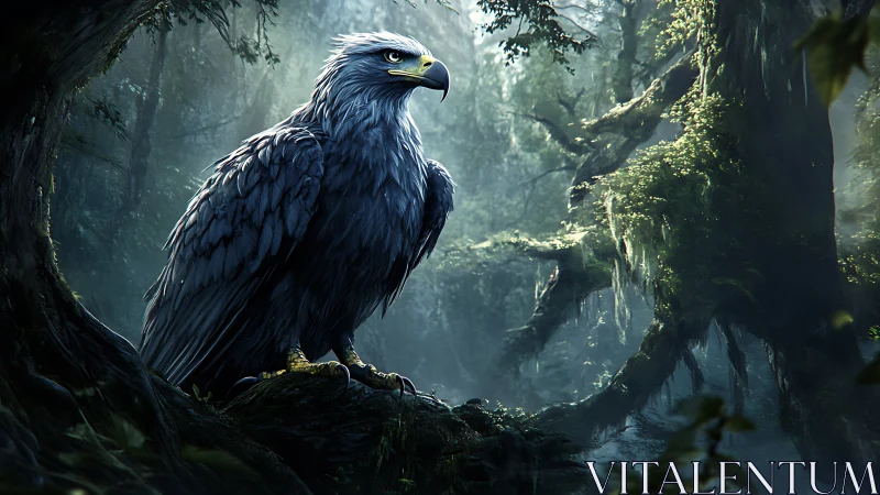 Majestic Eagle in Misty Enchanted Forest, Digital Fantasy Art.