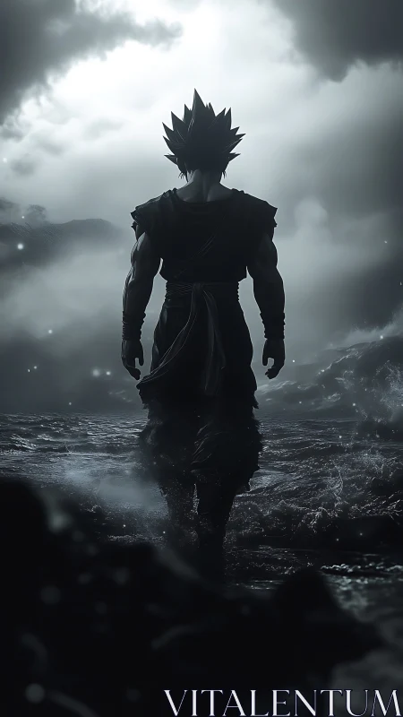 Silhouetted warrior figure facing stormy monochrome seascape.