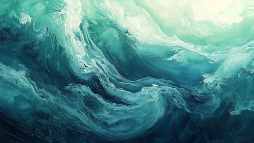 Digital seascape depicts layered turquoise waves in motion